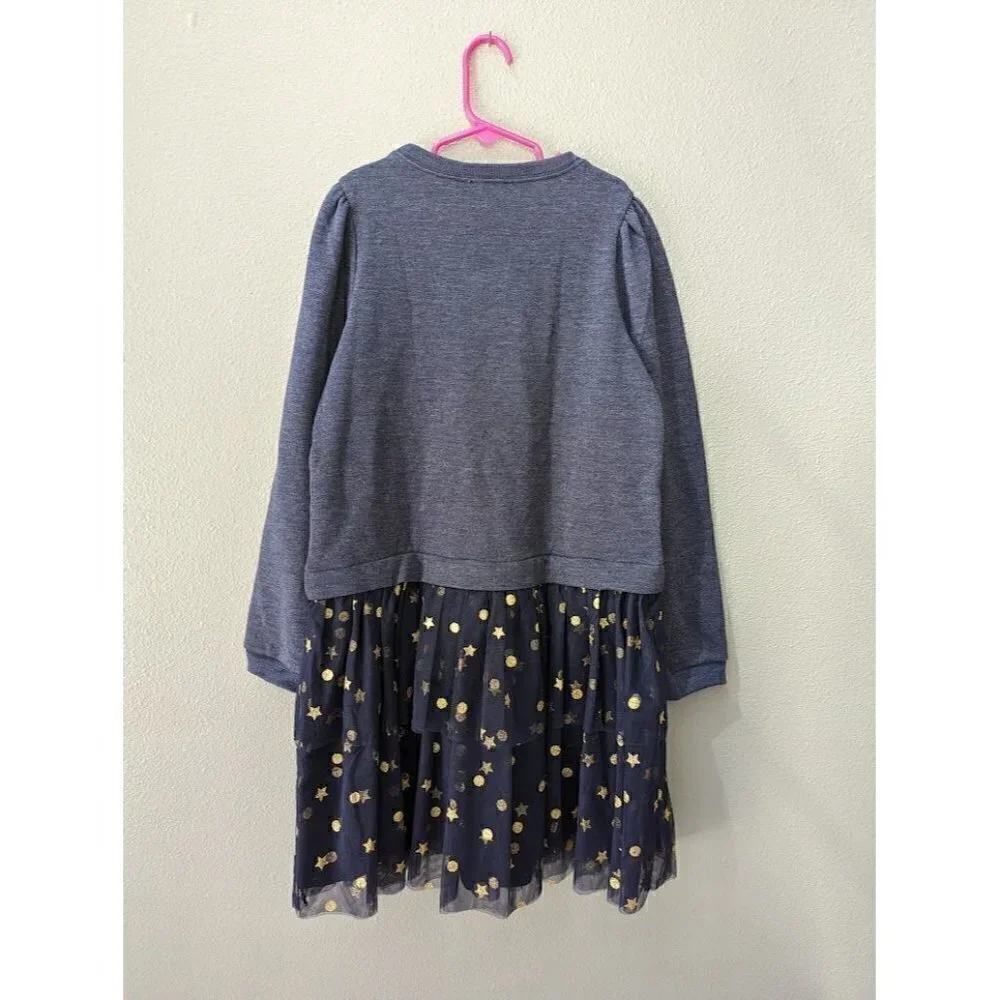 Crewcuts Sweatshirt Tiered Tulle Blue Gold Glitter Long Sleeve Dress Girls L